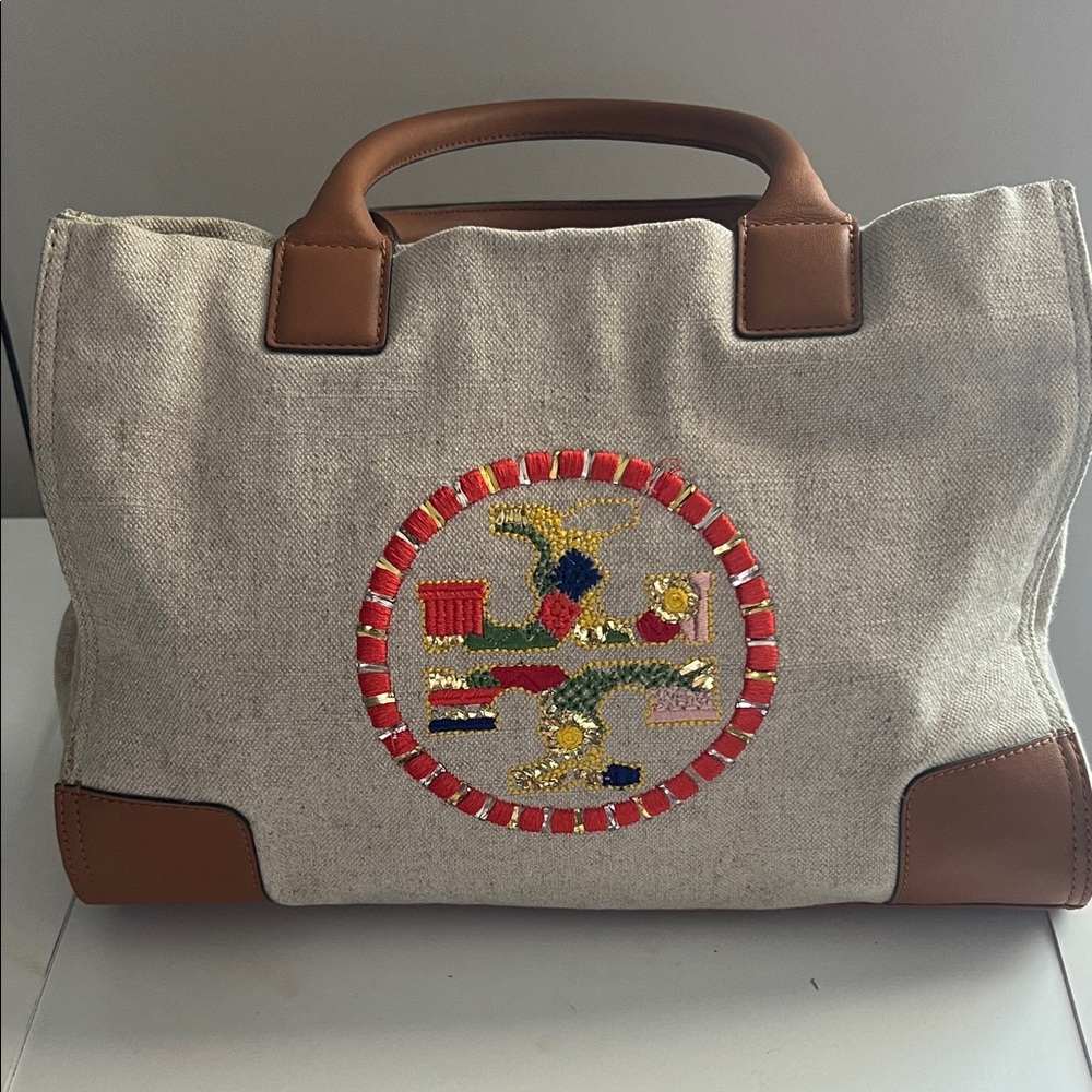 Tory Burch Beige and Brown Embroidered Tote